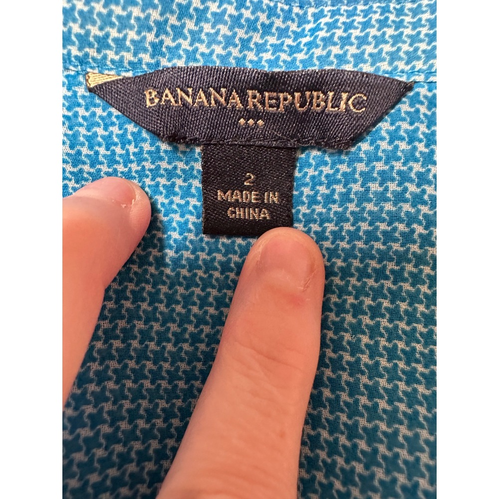 Banana Republic Turquoise Houndstooth Ruffle Front Blouse 3/4 Sleeve Size 2 - Picture 4 of 8